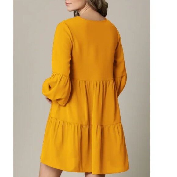 Casual Long Sleeve V-Neck Loose Flowy Swing Tiered Shift Dress MUSTARD Size L - Picture 2 of 9